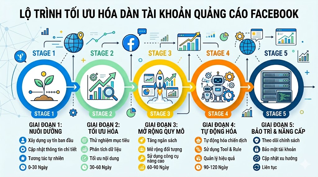 Lộ trình tối ưu hóa dàn tài khoản quảng cáo Facebook cho các Agency mới khởi nghiệp 2026